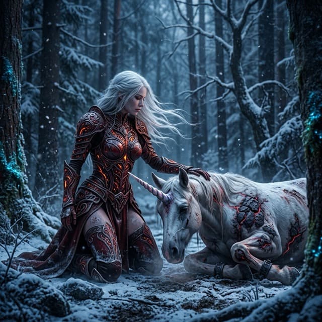 Generated image: a warrior with a unicorn in a snowy forest